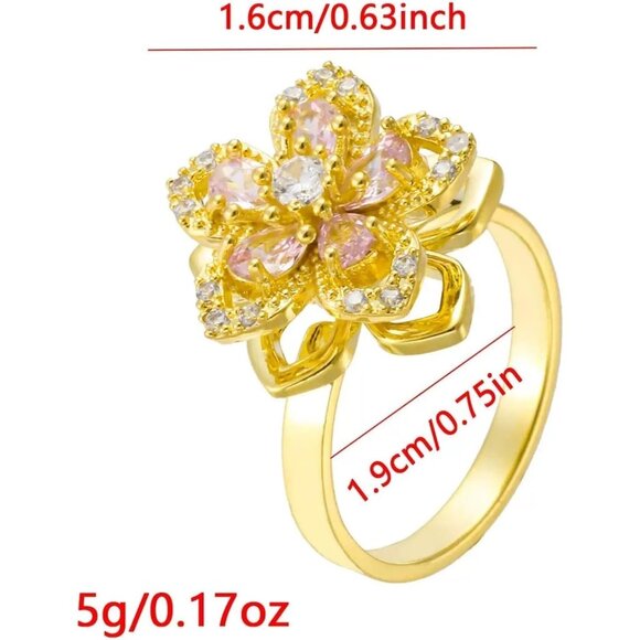 Women Gold Flower Fidget Pink Set Necklace Rotatable Crystal Blossom Pendant - Picture 5 of 7